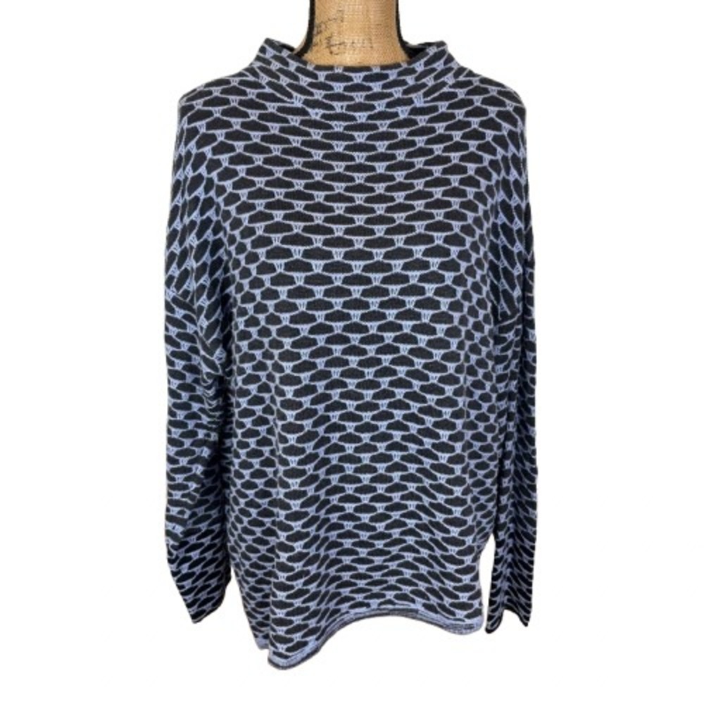 Nic+Zoe Pixel Play Sweater Asymmetric Grey Blue Relaxed Scandi Mock Neck Size XL